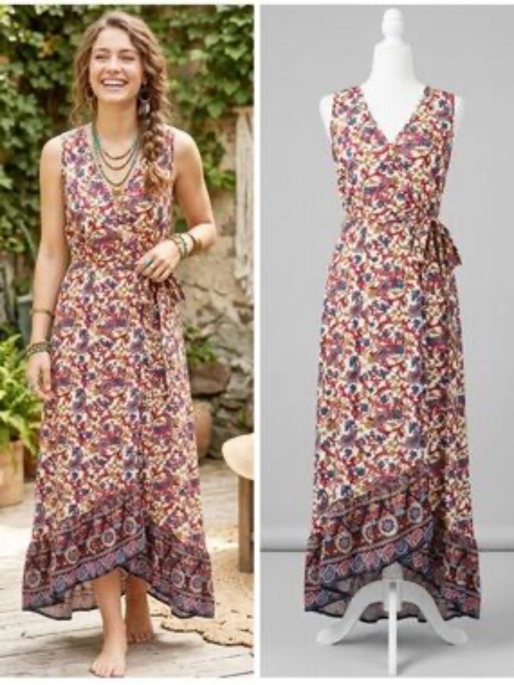 NWT: Band Of Gypsies Boho Mixed Floral Print Ruffle Hem Wrap Maxi Dress• X-Small